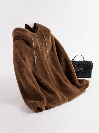 Γυναικείο παλτό μαλλιού με γούνα αρνιού, κουκούλα, χειμερινό, 95%+ μαλλί