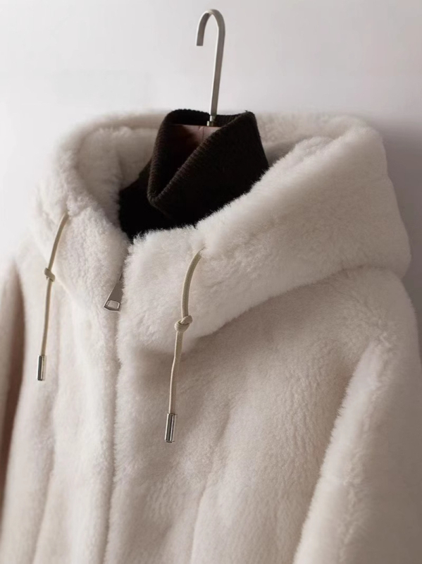 Γυναικείο παλτό μαλλιού με γούνα αρνιού, κουκούλα, χειμερινό, 95%+ μαλλί