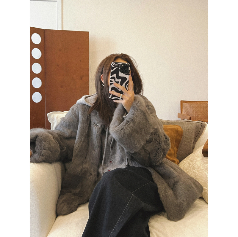 Jakna od zajčje kože, casual japansko-korejski stil, dugi rukavi, duljina 65–80 cm