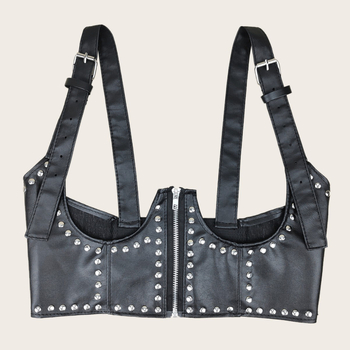 Rochie-bluză cu fermoar și nituri, talie elastică, fără guler, curea decorativă de vestă – stil stradal punk coreean