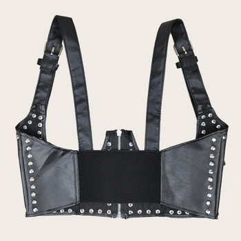 Rochie-bluză cu fermoar și nituri, talie elastică, fără guler, curea decorativă de vestă – stil stradal punk coreean