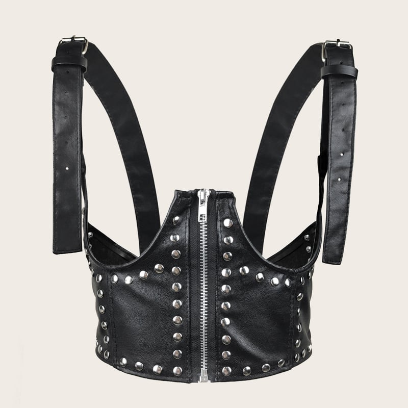 Rochie-bluză cu fermoar și nituri, talie elastică, fără guler, curea decorativă de vestă – stil stradal punk coreean