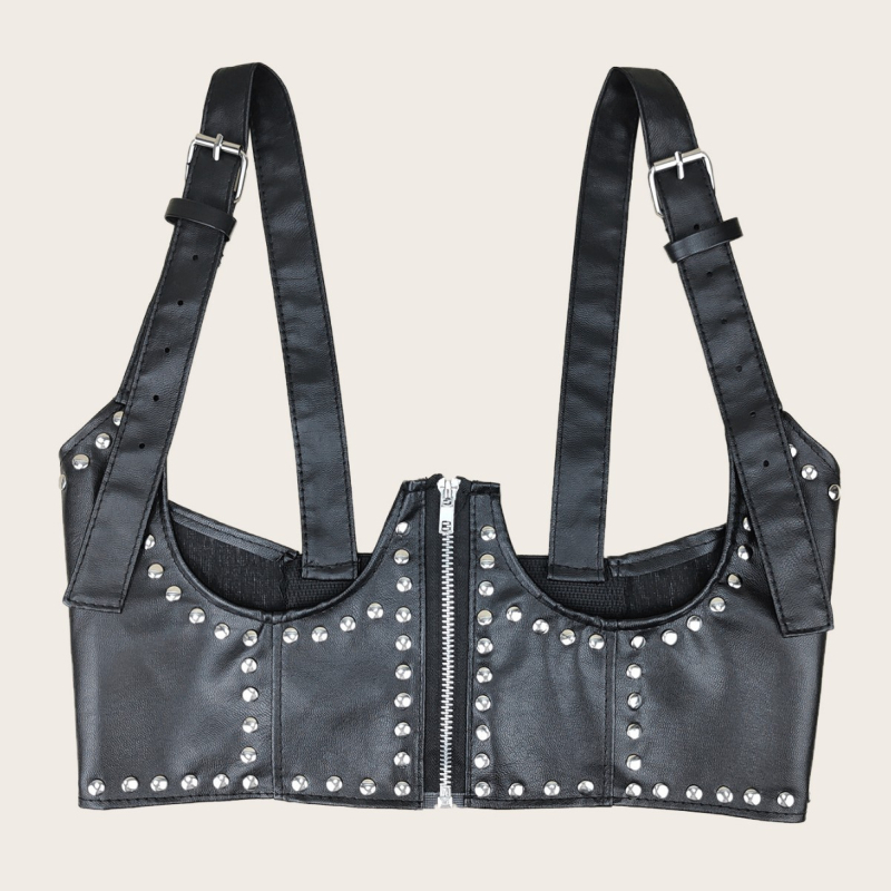 Rochie-bluză cu fermoar și nituri, talie elastică, fără guler, curea decorativă de vestă – stil stradal punk coreean