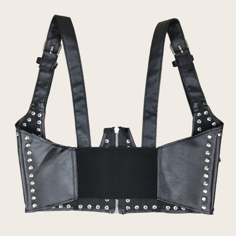 Rochie-bluză cu fermoar și nituri, talie elastică, fără guler, curea decorativă de vestă – stil stradal punk coreean