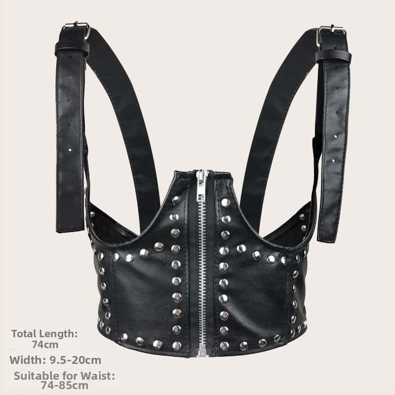 Rochie-bluză cu fermoar și nituri, talie elastică, fără guler, curea decorativă de vestă – stil stradal punk coreean