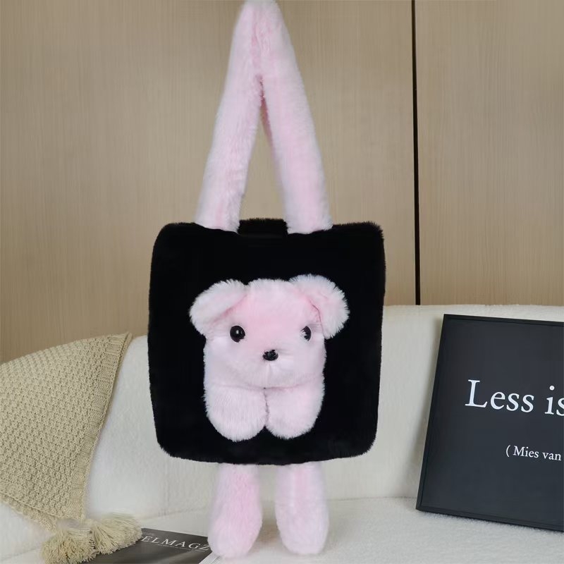 Geantă crossbody din pluș, cu închidere magnetică, căptușeală din piele sintetică, buzunare interne pentru telefon și documente, bretele duble, formă orizontală pătrată