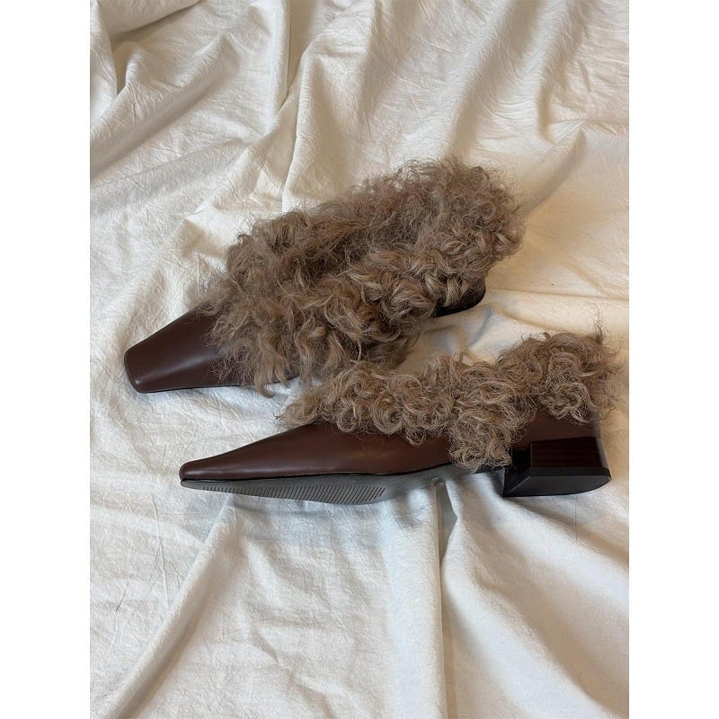 Лофери от овча кожа, Британски стил, квадратно носче, среден ток 3–5 см, гумена подметка