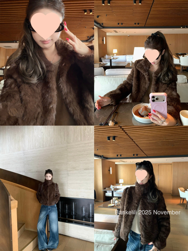 Női nyúl szőrme reverkabát, vastagított, normál hossz, hosszú ujjú