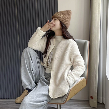 UNITHE γυναικείο μπουφάν από πολαρ φλίς με στρογγυλό λαιμό, μακριά μανίκια, μονόχρωμο, παχύ ύφασμα, κλείσιμο με ένα κουμπί, casual στυλ