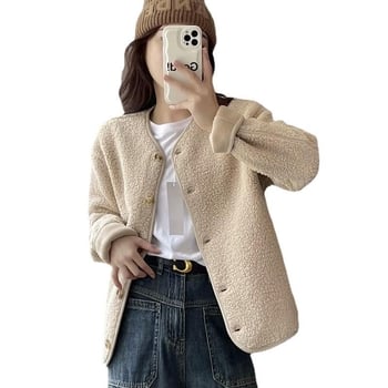 UNITHE γυναικείο μπουφάν από πολαρ φλίς με στρογγυλό λαιμό, μακριά μανίκια, μονόχρωμο, παχύ ύφασμα, κλείσιμο με ένα κουμπί, casual στυλ