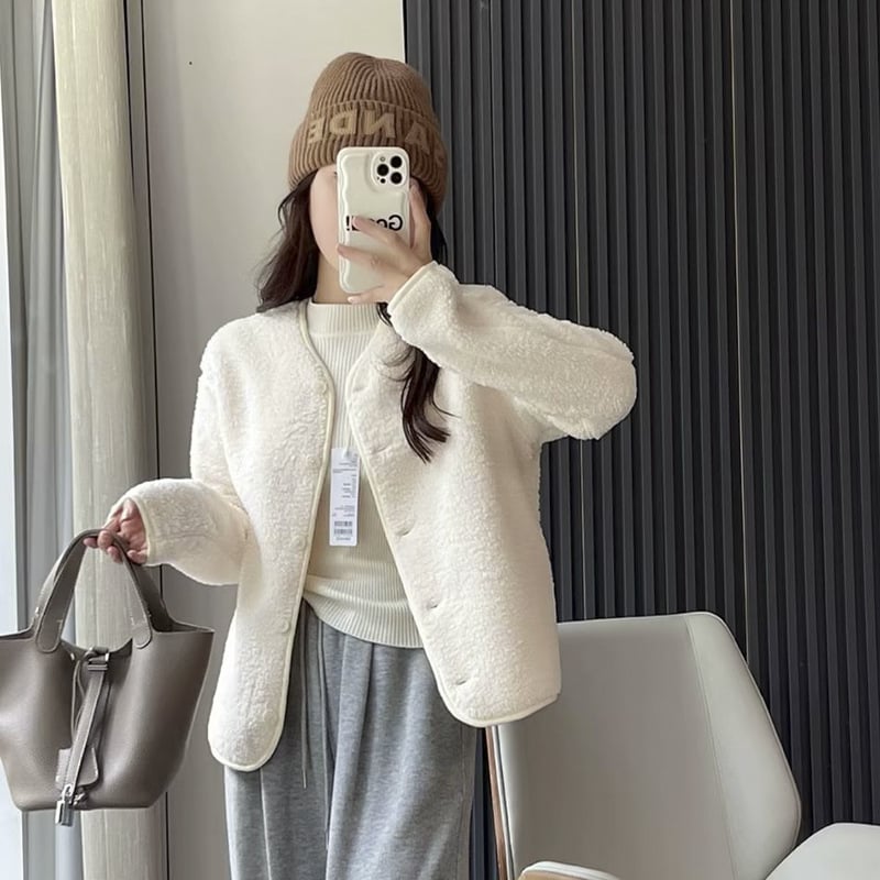 UNITHE γυναικείο μπουφάν από πολαρ φλίς με στρογγυλό λαιμό, μακριά μανίκια, μονόχρωμο, παχύ ύφασμα, κλείσιμο με ένα κουμπί, casual στυλ