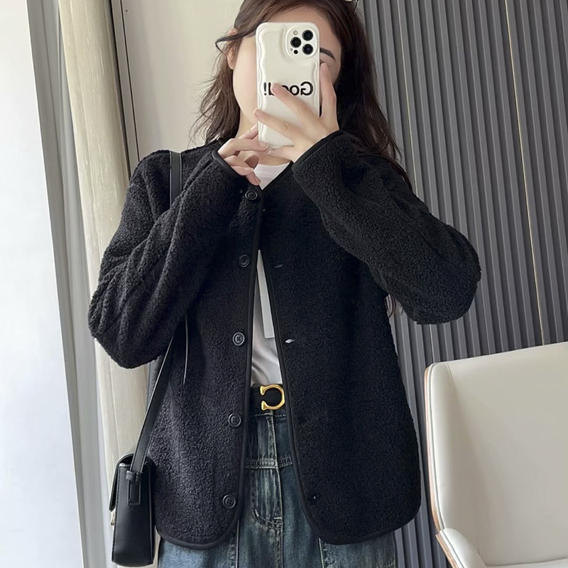 UNITHE γυναικείο μπουφάν από πολαρ φλίς με στρογγυλό λαιμό, μακριά μανίκια, μονόχρωμο, παχύ ύφασμα, κλείσιμο με ένα κουμπί, casual στυλ