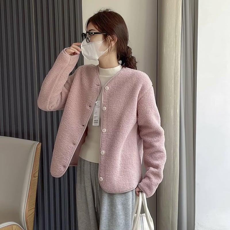 UNITHE γυναικείο μπουφάν από πολαρ φλίς με στρογγυλό λαιμό, μακριά μανίκια, μονόχρωμο, παχύ ύφασμα, κλείσιμο με ένα κουμπί, casual στυλ