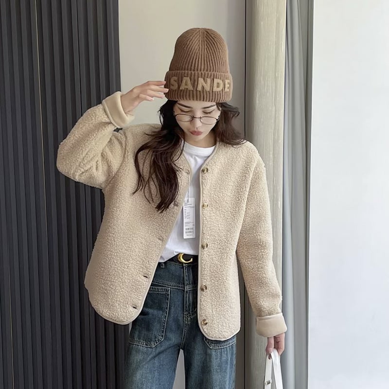 UNITHE γυναικείο μπουφάν από πολαρ φλίς με στρογγυλό λαιμό, μακριά μανίκια, μονόχρωμο, παχύ ύφασμα, κλείσιμο με ένα κουμπί, casual στυλ