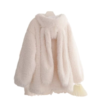 Γυναικείο παλτό από τεχνητή γούνα αρνιού με κουκούλα και αυτιά λαγου, σε χαλαρή γραμμή, φερμουάρ, πολυεστέρας, Χειμώνας 2024