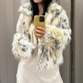 Γυναικείο μπουφάν από ψεύτικη γούνα με λεοπάρ μοτίβο, χαλαρή γραμμή, μακριά μανίκια, με μισό λαιμό