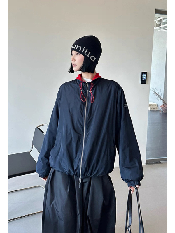 Ζακέτα από μαλλί και πολυεστέρα με φερμουάρ, μονόχρωμη, χαλαρή γραμμή, μεσαίο μήκος, φθινόπωρο 2025, casual ιαπωνοκορεατικό στυλ