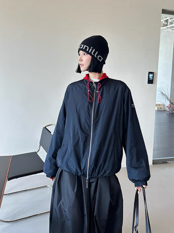 Ζακέτα από μαλλί και πολυεστέρα με φερμουάρ, μονόχρωμη, χαλαρή γραμμή, μεσαίο μήκος, φθινόπωρο 2025, casual ιαπωνοκορεατικό στυλ