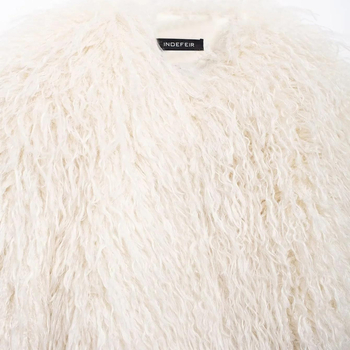 Γυναικείο κοντό παλτό με εφέ ψεύτικης γούνας, άνετη γραμμή, μακριά μανίκια, γιακά πόλο