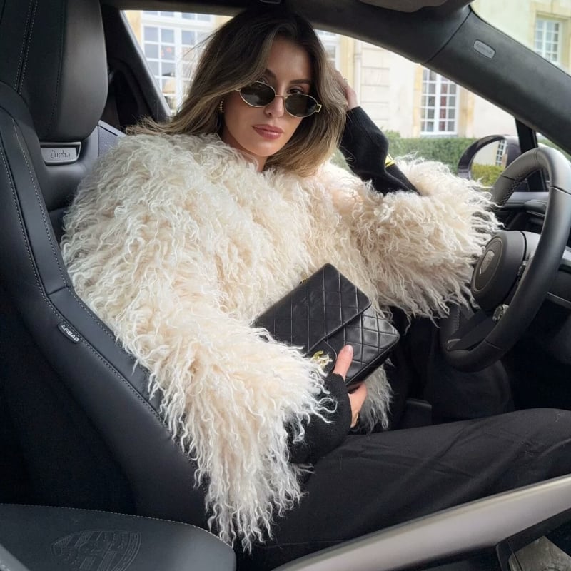 Γυναικείο κοντό παλτό με εφέ ψεύτικης γούνας, άνετη γραμμή, μακριά μανίκια, γιακά πόλο