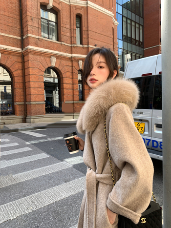 Γυναικείο παλτό tweed με γούνινο γιακά αλεπούς, κουκούλα, μακρύ μήκος πάνω από 100 εκ, παχύ μαλλί