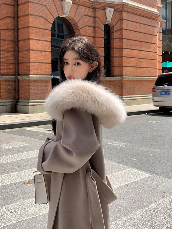 Γυναικείο παλτό tweed με γούνινο γιακά αλεπούς, κουκούλα, μακρύ μήκος πάνω από 100 εκ, παχύ μαλλί