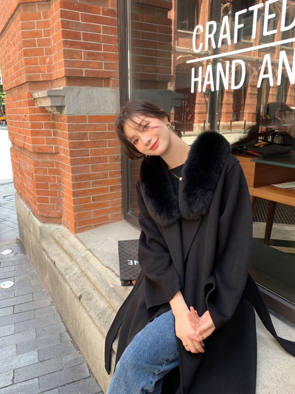 Γυναικείο παλτό tweed με γούνινο γιακά αλεπούς, κουκούλα, μακρύ μήκος πάνω από 100 εκ, παχύ μαλλί