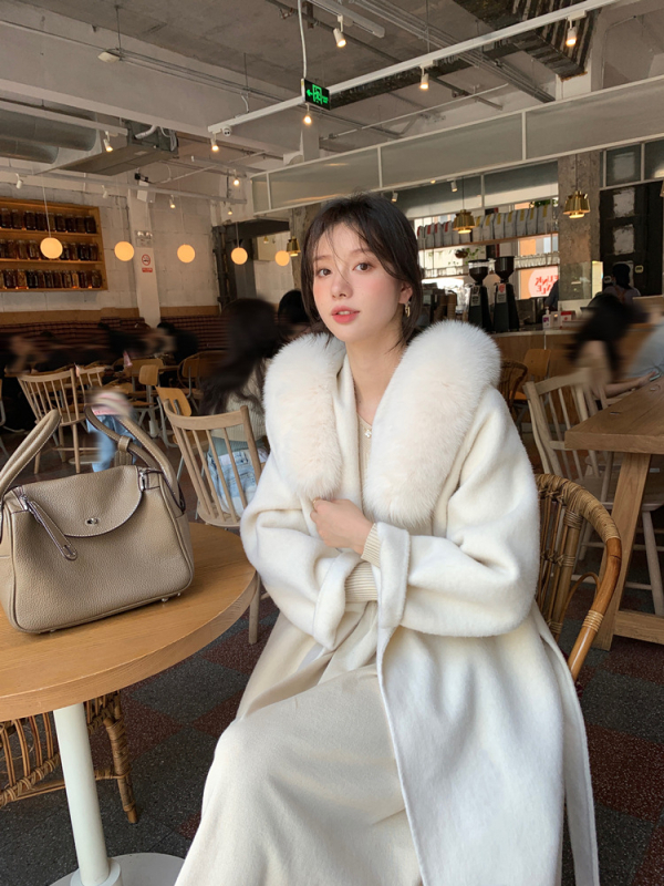 Γυναικείο παλτό tweed με γούνινο γιακά αλεπούς, κουκούλα, μακρύ μήκος πάνω από 100 εκ, παχύ μαλλί