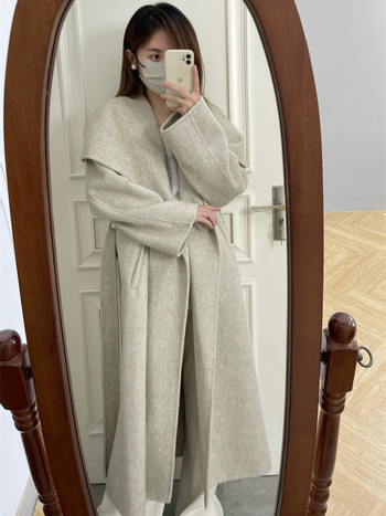 Γυναικείο αναστρέψιμο παλτό από μαλλί, μακρύ με γιακά τύπου πέτο, casual κορεατο-ιαπωνικό στυλ, μακρύ μήκος