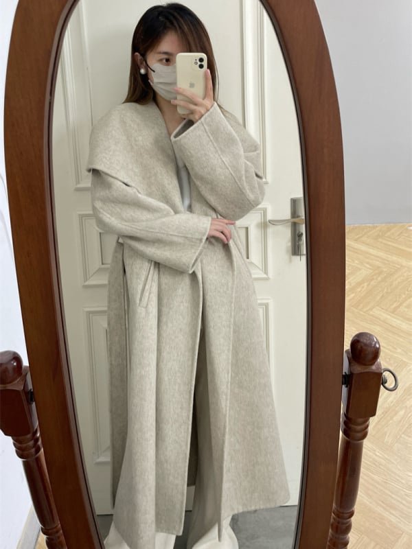 Γυναικείο αναστρέψιμο παλτό από μαλλί, μακρύ με γιακά τύπου πέτο, casual κορεατο-ιαπωνικό στυλ, μακρύ μήκος