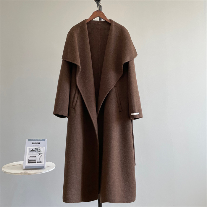 Γυναικείο αναστρέψιμο παλτό από μαλλί, μακρύ με γιακά τύπου πέτο, casual κορεατο-ιαπωνικό στυλ, μακρύ μήκος