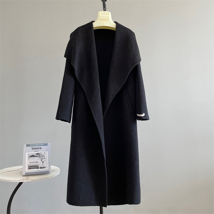 Γυναικείο αναστρέψιμο παλτό από μαλλί, μακρύ με γιακά τύπου πέτο, casual κορεατο-ιαπωνικό στυλ, μακρύ μήκος