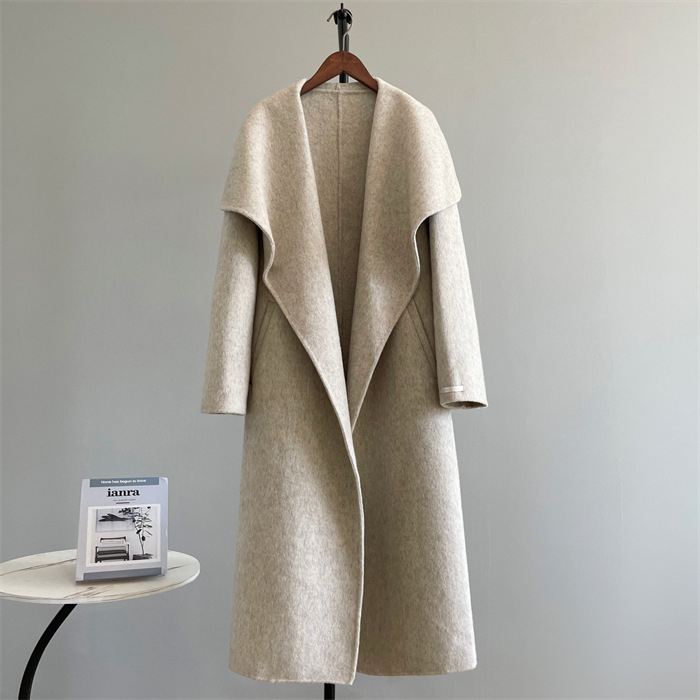 Γυναικείο αναστρέψιμο παλτό από μαλλί, μακρύ με γιακά τύπου πέτο, casual κορεατο-ιαπωνικό στυλ, μακρύ μήκος