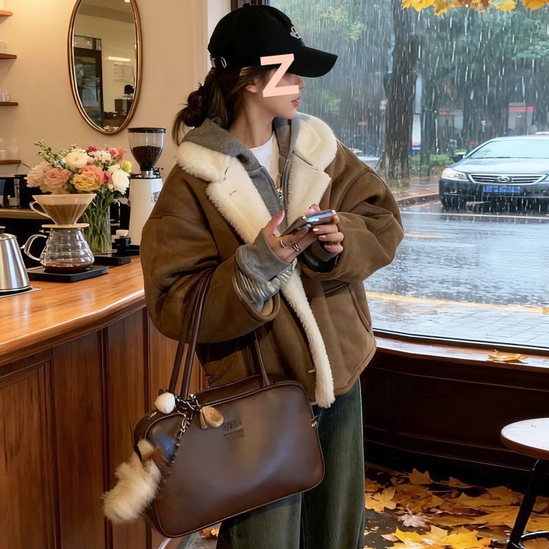 Γυναικεία κοντή μπουφάν με φλις επένδυση, τεχνητή γούνα και πέτο