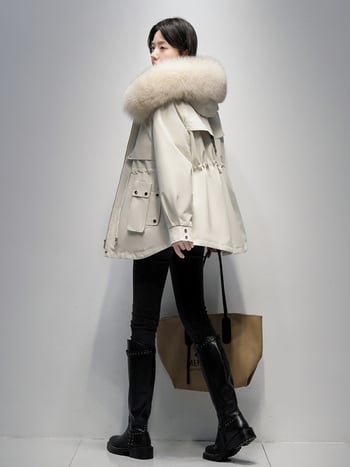 Női rókaszőrme parka Rex nyúl szőrmével bélelt, kapucnival, hosszú ujjú, közepes hosszúságú, levehető