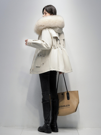 Női rókaszőrme parka Rex nyúl szőrmével bélelt, kapucnival, hosszú ujjú, közepes hosszúságú, levehető