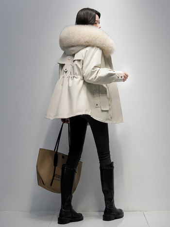 Női rókaszőrme parka Rex nyúl szőrmével bélelt, kapucnival, hosszú ujjú, közepes hosszúságú, levehető