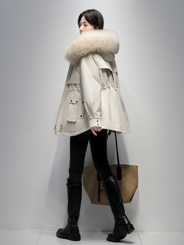 Női rókaszőrme parka Rex nyúl szőrmével bélelt, kapucnival, hosszú ujjú, közepes hosszúságú, levehető