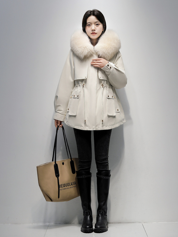 Női rókaszőrme parka Rex nyúl szőrmével bélelt, kapucnival, hosszú ujjú, közepes hosszúságú, levehető