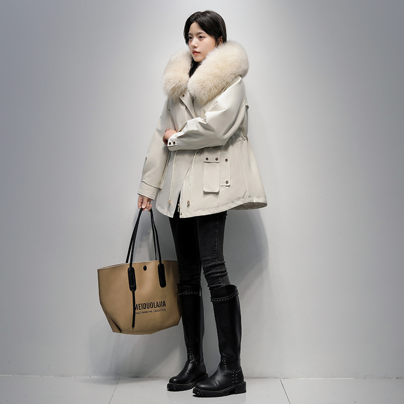 Női rókaszőrme parka Rex nyúl szőrmével bélelt, kapucnival, hosszú ujjú, közepes hosszúságú, levehető