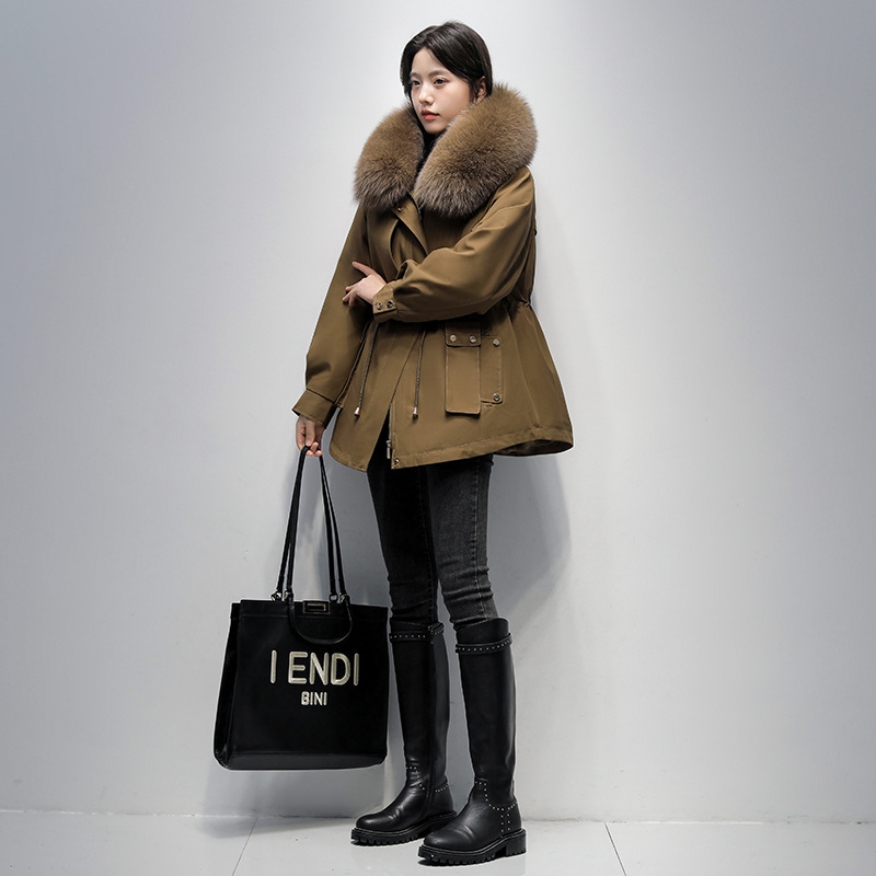 Női rókaszőrme parka Rex nyúl szőrmével bélelt, kapucnival, hosszú ujjú, közepes hosszúságú, levehető