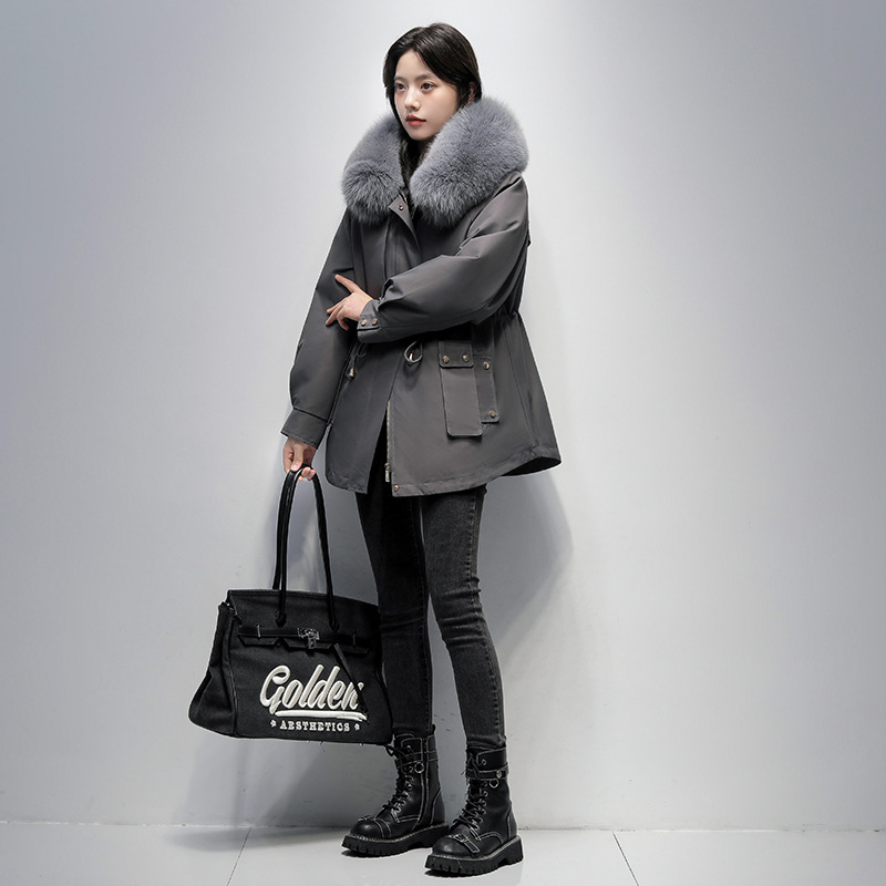 Női rókaszőrme parka Rex nyúl szőrmével bélelt, kapucnival, hosszú ujjú, közepes hosszúságú, levehető