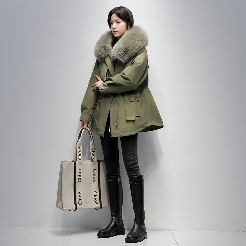 Női rókaszőrme parka Rex nyúl szőrmével bélelt, kapucnival, hosszú ujjú, közepes hosszúságú, levehető