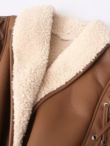 Γυναικείο τζάκετ με στενή μέση, ακανόνιστος ιμάντας, ενσωματωμένη γούνα για ζεστασιά, μακριά μανίκια, V-λαιμό με κορδόνι — Φθινόπωρο 2025