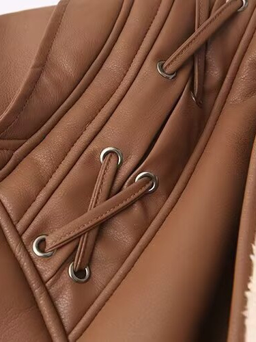 Γυναικείο τζάκετ με στενή μέση, ακανόνιστος ιμάντας, ενσωματωμένη γούνα για ζεστασιά, μακριά μανίκια, V-λαιμό με κορδόνι — Φθινόπωρο 2025