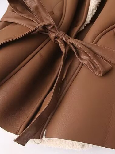 Γυναικείο τζάκετ με στενή μέση, ακανόνιστος ιμάντας, ενσωματωμένη γούνα για ζεστασιά, μακριά μανίκια, V-λαιμό με κορδόνι — Φθινόπωρο 2025