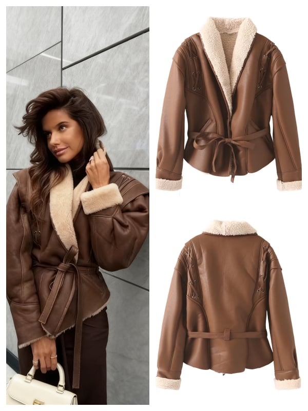 Γυναικείο τζάκετ με στενή μέση, ακανόνιστος ιμάντας, ενσωματωμένη γούνα για ζεστασιά, μακριά μανίκια, V-λαιμό με κορδόνι — Φθινόπωρο 2025