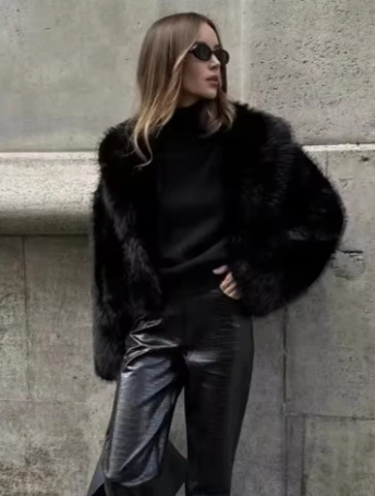 Γυναικείο παλτό από τεχνητό γούνα, κοντό στυλ, μακριά μανίκια, γούνινη γιακά, ύφασμα συνθετικής γούνας, φθινοπωρινή σεζόν 2025