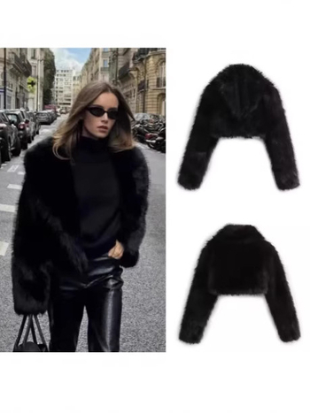 Γυναικείο παλτό από τεχνητό γούνα, κοντό στυλ, μακριά μανίκια, γούνινη γιακά, ύφασμα συνθετικής γούνας, φθινοπωρινή σεζόν 2025