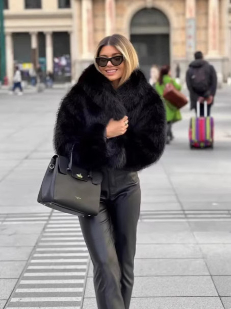 Γυναικείο παλτό από τεχνητό γούνα, κοντό στυλ, μακριά μανίκια, γούνινη γιακά, ύφασμα συνθετικής γούνας, φθινοπωρινή σεζόν 2025